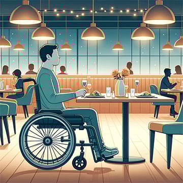 Person In A Wheelchair Sitting At A Restaurant Table With | TimeWorn Wood