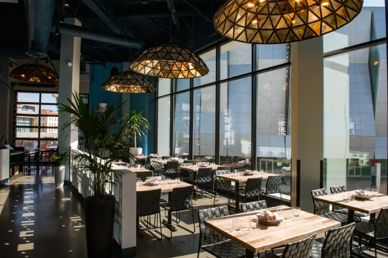 Restaurant with wooden table tops