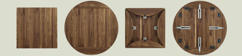 Solid wood restaurant drop leaf tables. Square to round showing both the top and bottom.