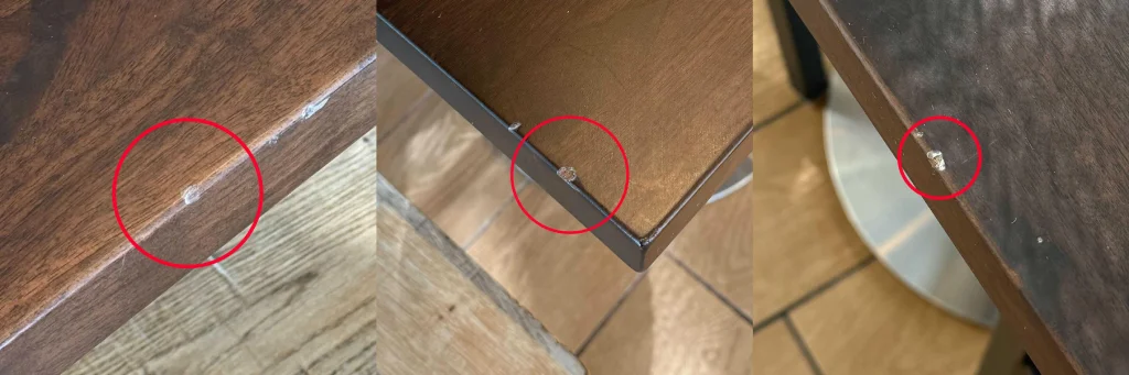 Restaurant Tabletop damage from chair impact