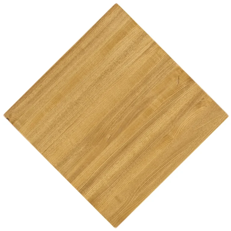 Overhead view of classic Ash restaurant tabletops in the honey finish (CLA_HY).