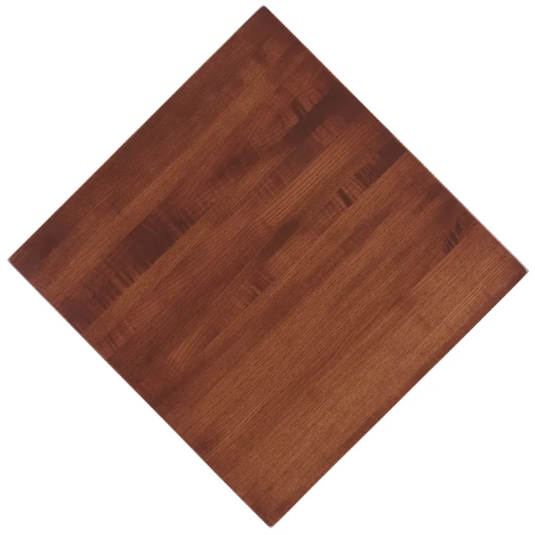 Overhead view of classic Ash restaurant tabletops in the paprika finish (CLA_PA).