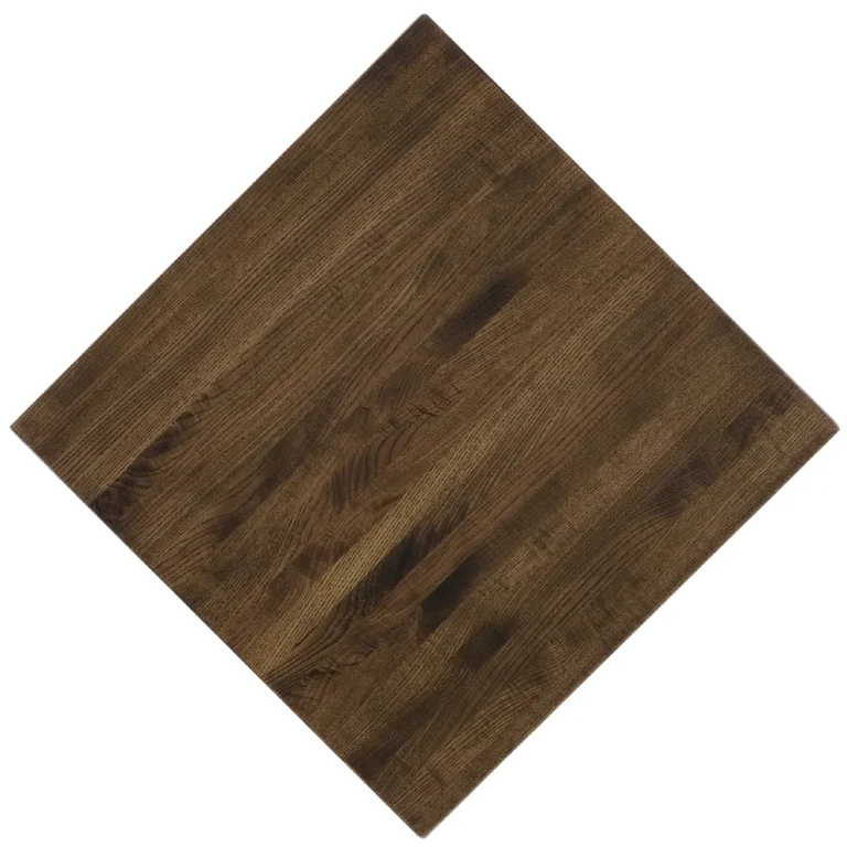 Overhead view of classic Ash restaurant tabletops in the pecan finish (CLA_PC).