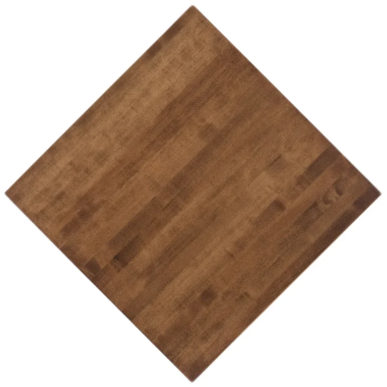 Maple restaurant tabletops in the chestnut stain (CLM_CT), wooden overhead view.