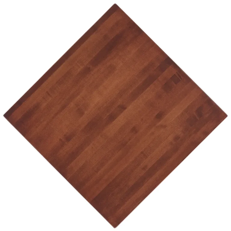A single maple restaurant tabletop in a paprika stain (CLM_PA), overhead view.