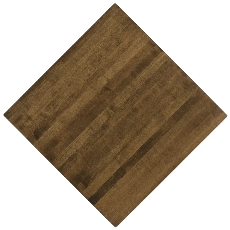 Maple restaurant tabletops in the pecan stain (CLM_PC), overhead view.