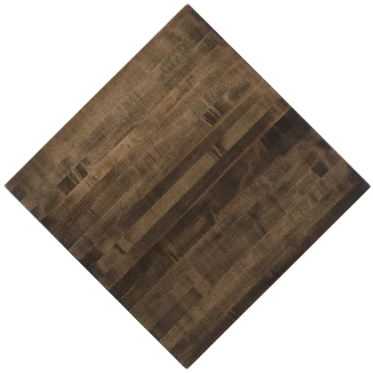 Maple restaurant tabletops in the truffle stain (CLM_TR), overhead view.