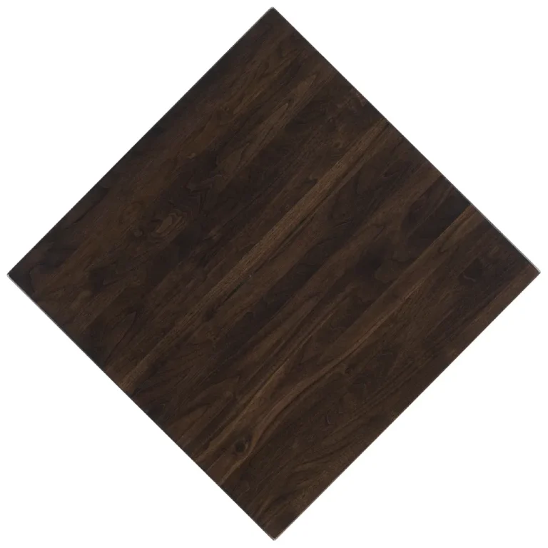 Overhead view of classic walnut restaurant tabletop in a Truffle stain finish. (CLW_TR)