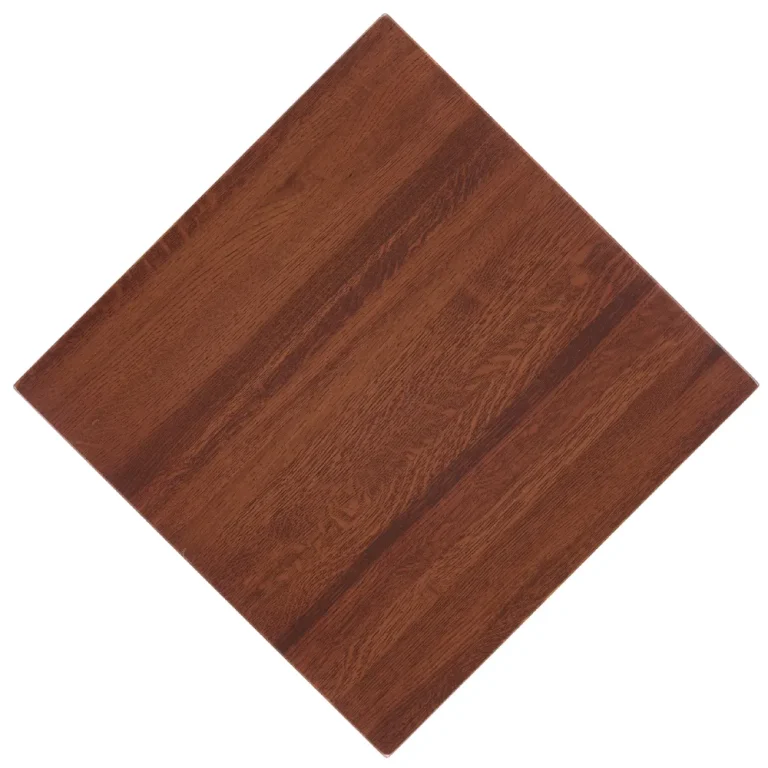 Overhead view of classic White Oak restaurant tabletop in a paprika stain finish.