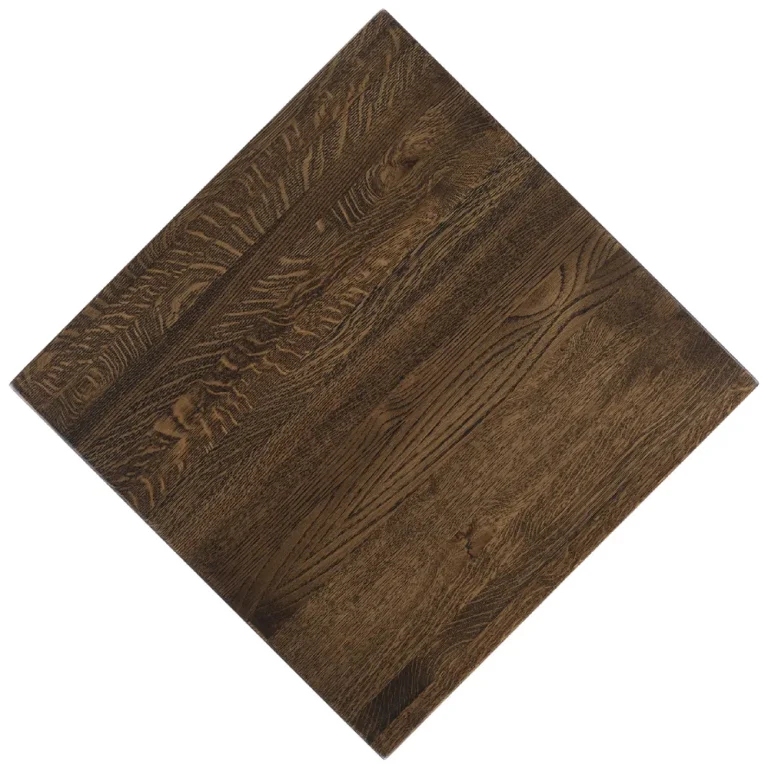Overhead view of classic White Oak restaurant tabletops in the truffle finish (CLWO_TR).
