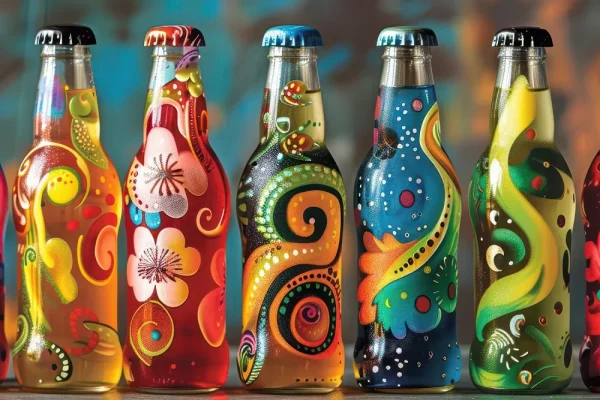 An image depicting 5 craft soda bottles. Very colorful and organic designs on the bottles.