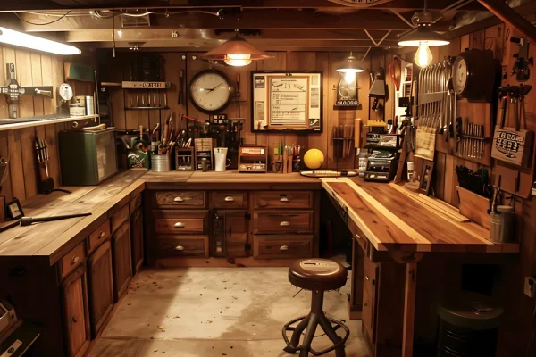 A wood shop inside someone's home.