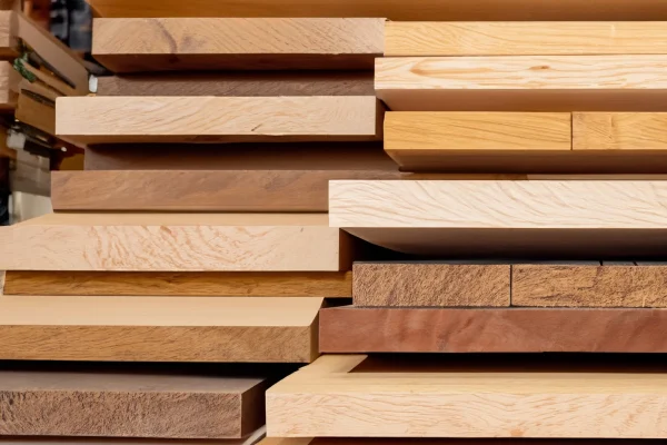 Stack of various size and various species lumber taken inside TimeWorn Woods shop.