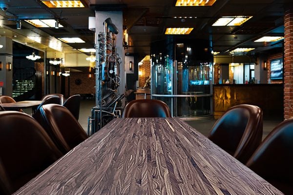 Interior of a dark pub loft.