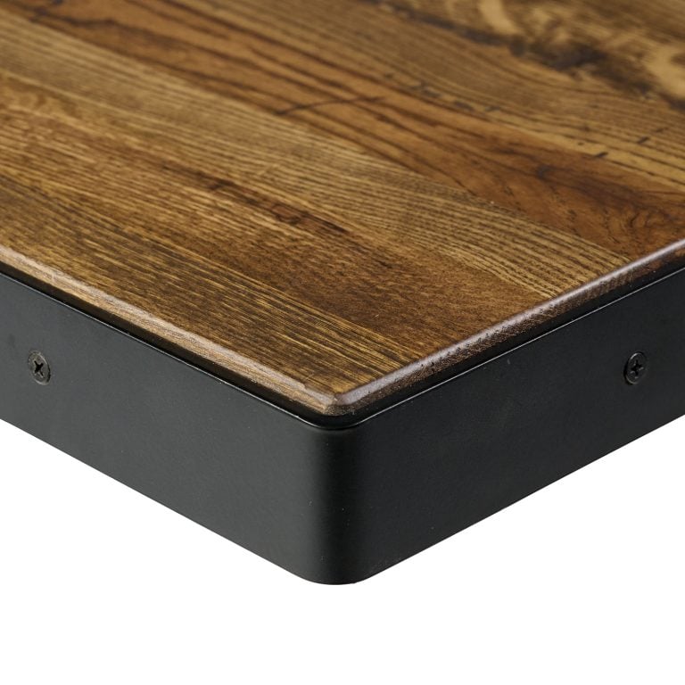 Metal-banded tabletop, corner view.