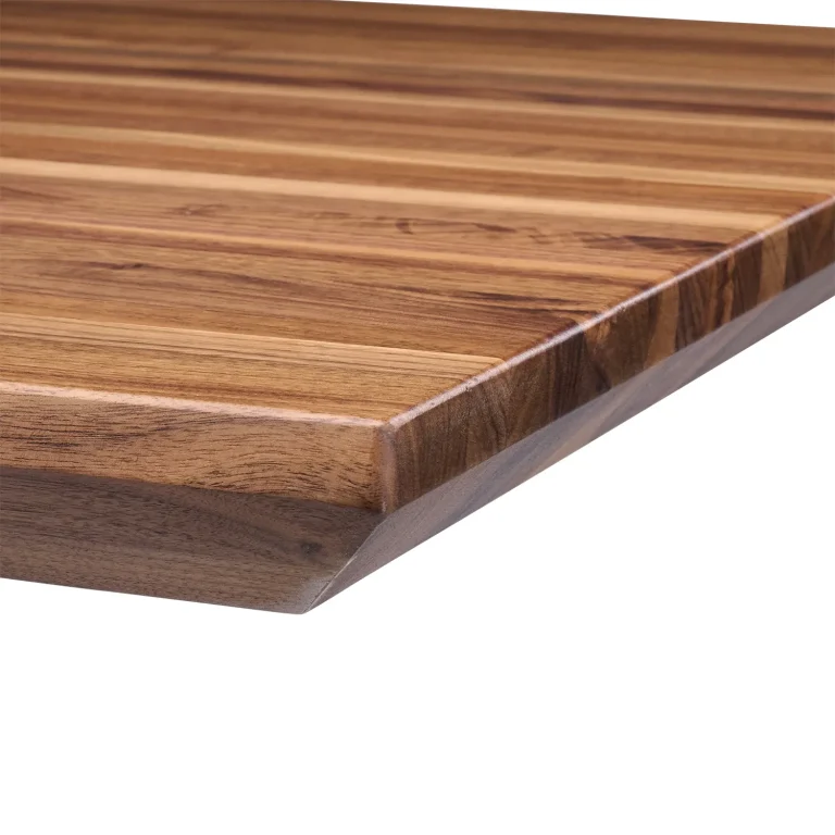 Walnut restaurant tabletop featuring a smooth reverse knife edge, highlighting a custom edge profile option.
