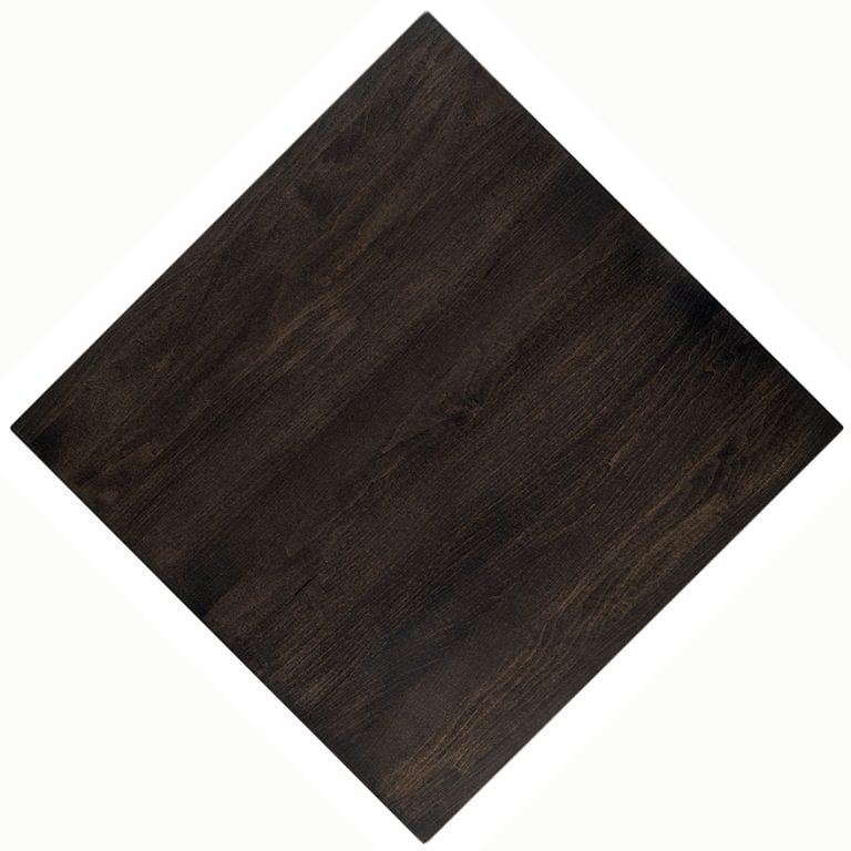 Solid maple wood dark-stained restaurant tabletops.