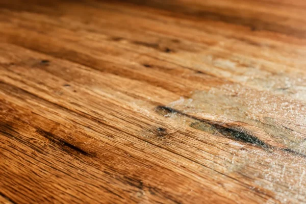 Sticky wood restaurant tabletops.