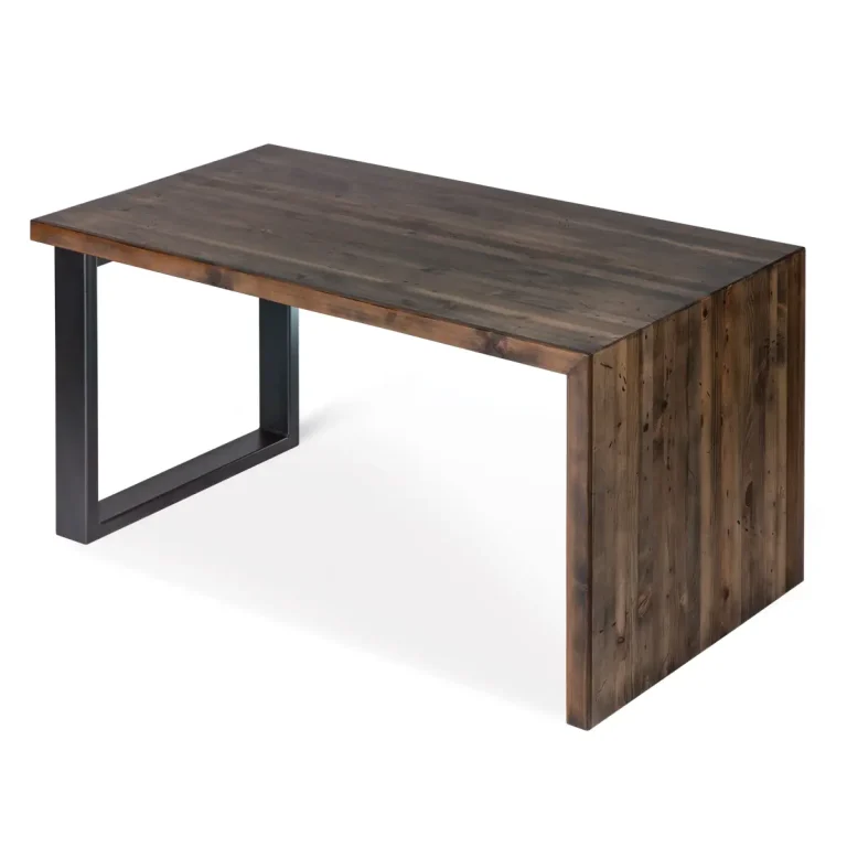 Solid wood waterfall table with a waterfall leg panel.