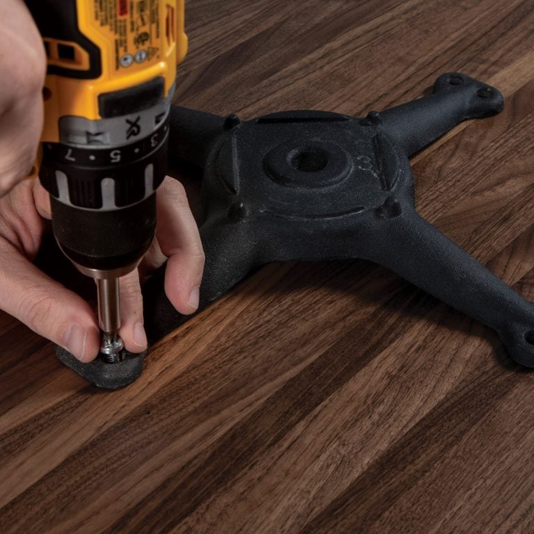Pre-drilling for restaurant table bases, main image.